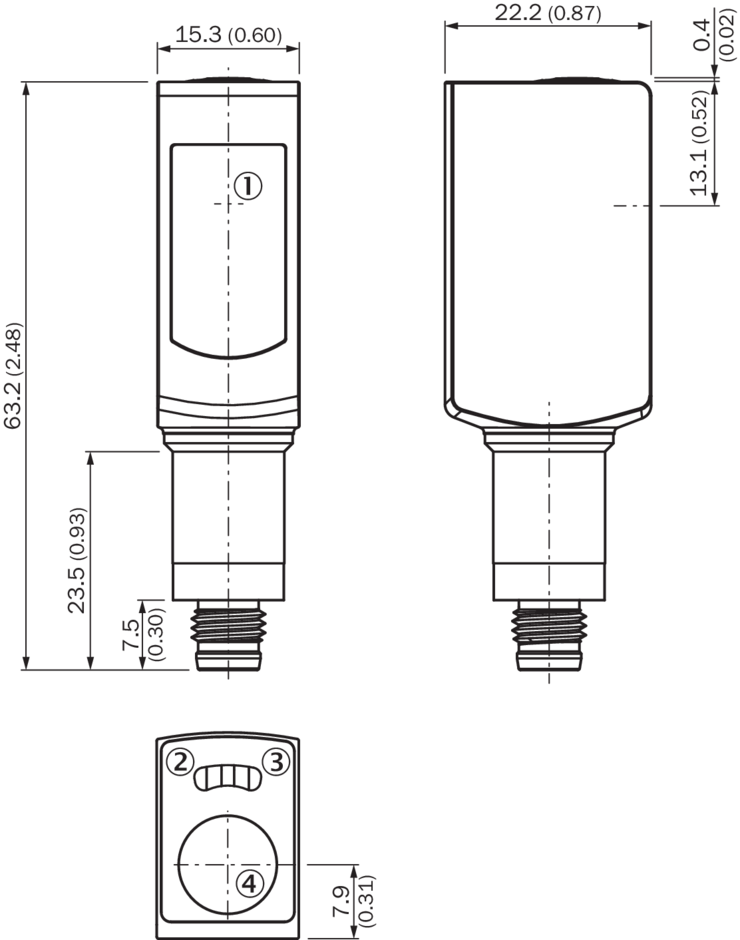 Dimensional drawing WTB4S-3H, WL4S-3H, WLG4S-3H, with single teach-in ...