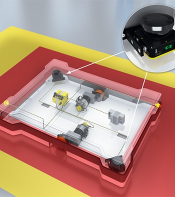 The safety system of the KIRA B 50 autonomous cleaning robot with two diagonally mounted nanoScan3 safety laser scanners provides all around protection.