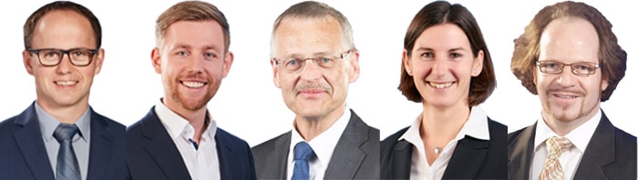 Von links: Sebastian Berblinger (Produktmanagement), Tobias Güttler (Vertrieb), Holger Lehmitz (Produktmanagement), Maike Syassen (Produktmanagement), Felix Lang (Research & Development)