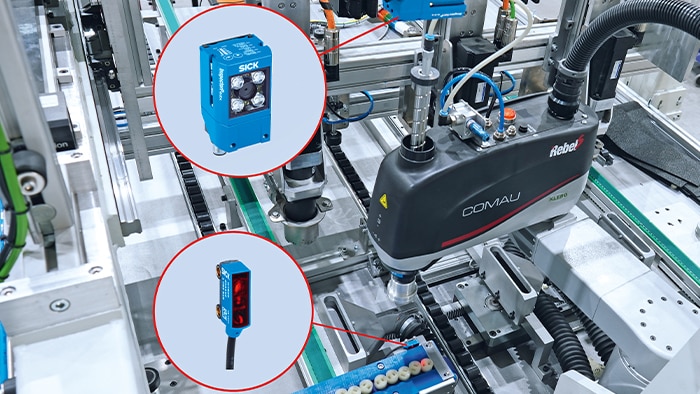 PLOC2D robot guidance system (top) and W2 photoelectric sensor (bottom) in the machine for solar panels