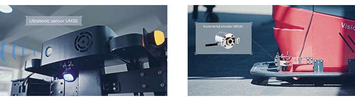 Der Mid-Range-Distanzsensor Dx35 kontrolliert den Seitenschubweg der Gabeln, und der Ultraschallsensor UM30 realisiert die Höhenschutzfunktion des Gabelstaplers.