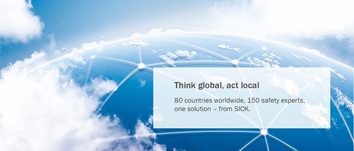 A globe of the world is covered with a mesh symbolizing the worldwide availability of SICK safety experts.