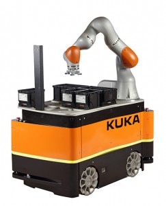 KMR iiwa (KMR dla „Mobilnej Robotyki Kuka”) firmy KUKA stanowi połączenie zalet czułego robota lekkiego LBR iiwa oraz mobilnej i autonomicznej platformy. Zdjęcia: KUKA Roboter GmbH